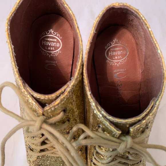 Sz. 8.5 Jeffrey Campbell “99 Tie” Gold Glitter Wedge Bootie - Picture 11 of 11